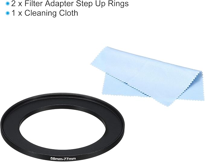 PATIKIL 58mm-77mm Metal Step Up Ring with Cleaning Cloth, 2 Pack Camera Lens Filter Adapter Ring Aluminum Filter Adapter Ring for Camera Lenses Hood, Black