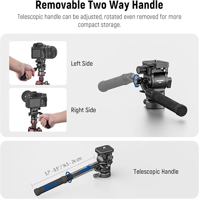 NEEWER Tripod Fluid Head with +/-10° Leveling Base(37mm Dia.), Metal Pan Tilt Head with Arca Type QR Plate, Telescopic Handle for Compact Video Camera DSLR Camera, Max Load 8.8lb/4kg, GM27