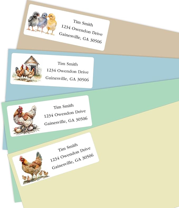Address Labels Personalized Return Address Labels, 2.6" x 1" Farm Chicken Custom Mailing Label for Envelopes (30-1200) Customized Self Adhesive Stickers Printable Mail Envelope Adress Label, White