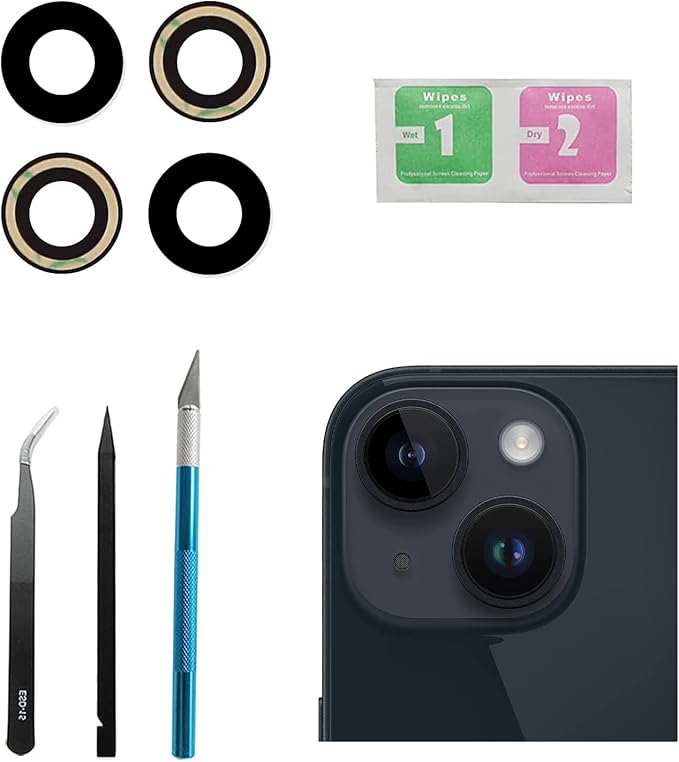 2 Pcs/Set Back Rear Camera Lens Replacement for iPhone 14 for iPhone 14 Plus, Rear Glass Camera Lens Cover Back Camera Glass Lens Replacement with Pre-Installed Adhesive + Repair Tool Kit
