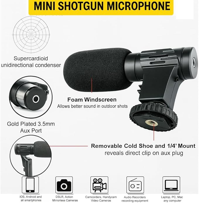 Acuvar Mini Shotgun Microphone for Camera & Smartphone, External Camera Mic for DSLR, Camcorder & Phone, 3.5mm Plug, Vlogging & YouTube