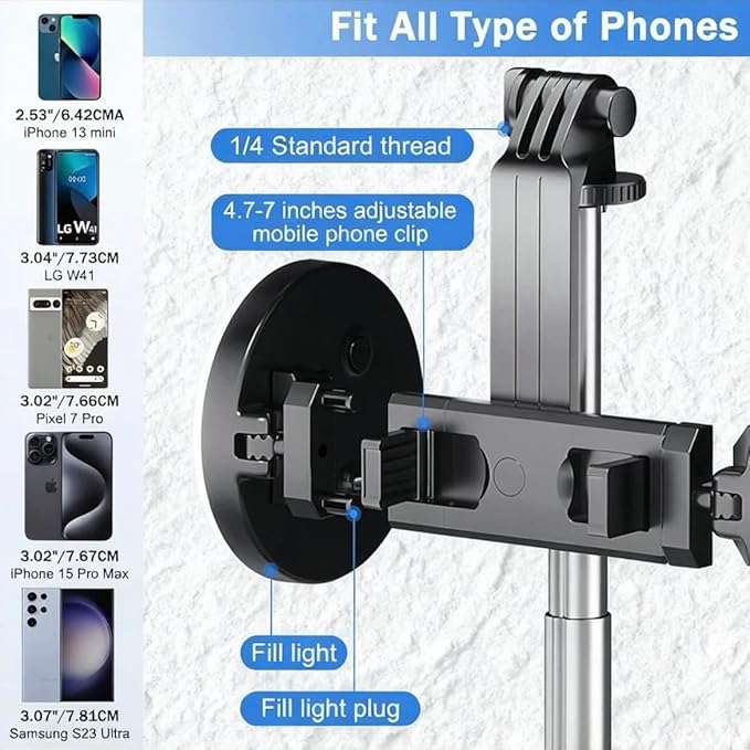 Black Tripod for iPhone with Light, Ring Light Holder for iPhone, Adjustable Selfie Stick Stand with Fill Light, Extendable Phone Tripod for Video Recording, Live Streaming, and Photography