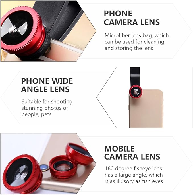 3 in 1 Smartphone Camera Lens Kit Macro Wide Angle Fisheye Clip-on Phone Lens Set and Black Clip Compatible for Mobile Photography and Video Accessories