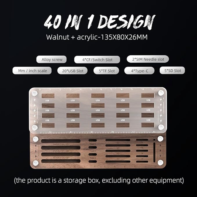 FEIFANZHE 40 Slots Wooden Memory Card Case for TF/CF/Nintendo Switch, USB Flash Drive/SD Card Holder Desk With Removal Pin - Protection Box-03MY