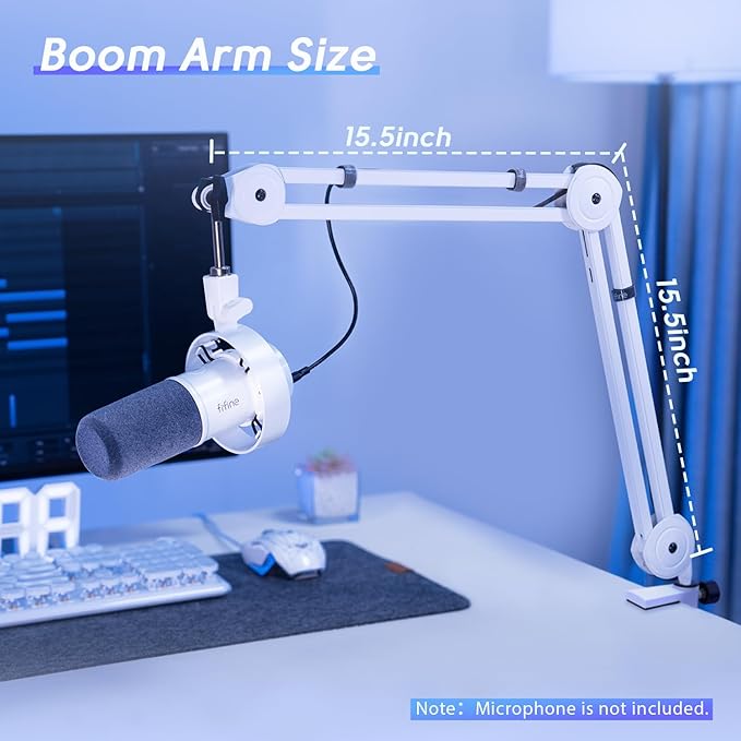 FIFINE Microphone Boom Arm Stand, Metal Heavy Duty Mic Stand, Scissor Suspension Adjustable Boom Arm for Podcast Recording Streaming Gaming, with Desk Clamp, 5/8" Screw, Cable Ties-BM63 White