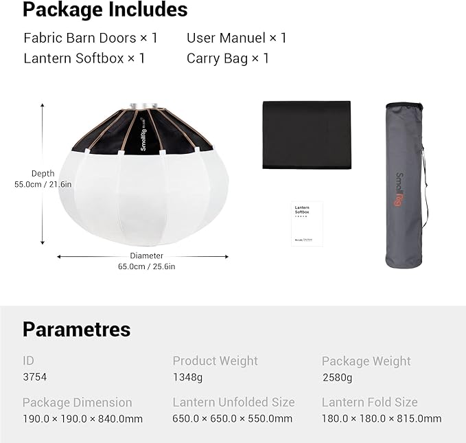 SMALLRIG Lantern Softbox Soft Light Modifier, 26 Inch/65 cm Softbox Diffuser Compatible with SMALLRIG Video Light 120B/120D/220B/220D and Other Bowens Mount Lamps