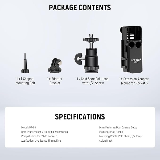 NEEWER Basics Pocket 3 Extension Adapter Mount Kit Compatible with DJI Osmo Pocket 3, Expansion Cage Frame, Dual Cam Setup with Cold Shoe for DSRL Digital Camera Vlogging, GP-68