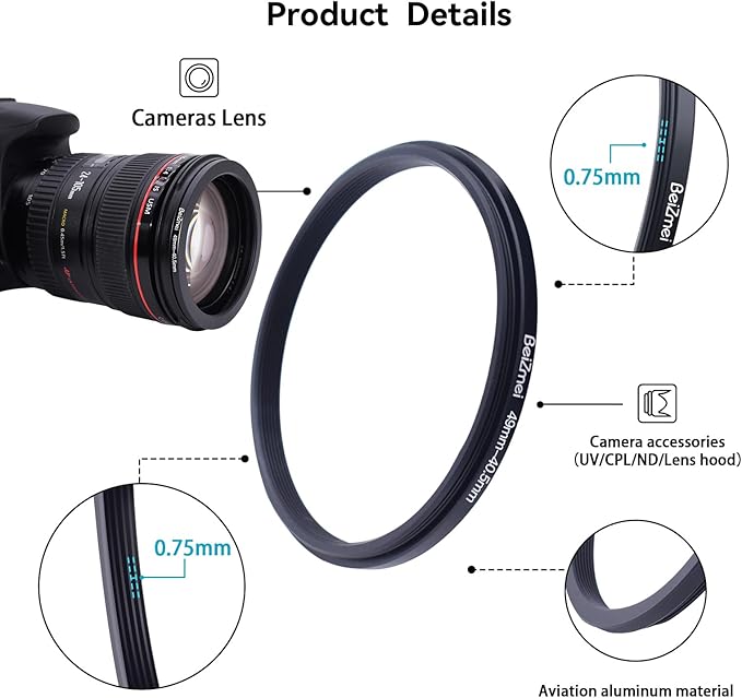49mm to 40.5mm Camera Filters Ring,Filters Ring Compatiable All Brands Ø49mm Lens to Ø40.5mm UV ND CPL Camera Filter Accessory.Made of CNC
