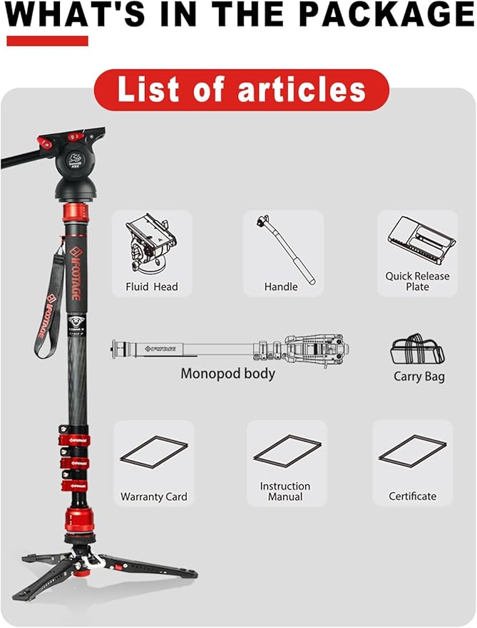 IFOOTAGE Monopod with Fluid Head Cobra 3 C180F-P + K5S, 71" Travel Monopod with Head Carbon Fiber Video Mono pod Kit for Cameras Canon Nikon Sony Olympus Panasonic DSLR Camera, Payload 17.64Lbs/8KG