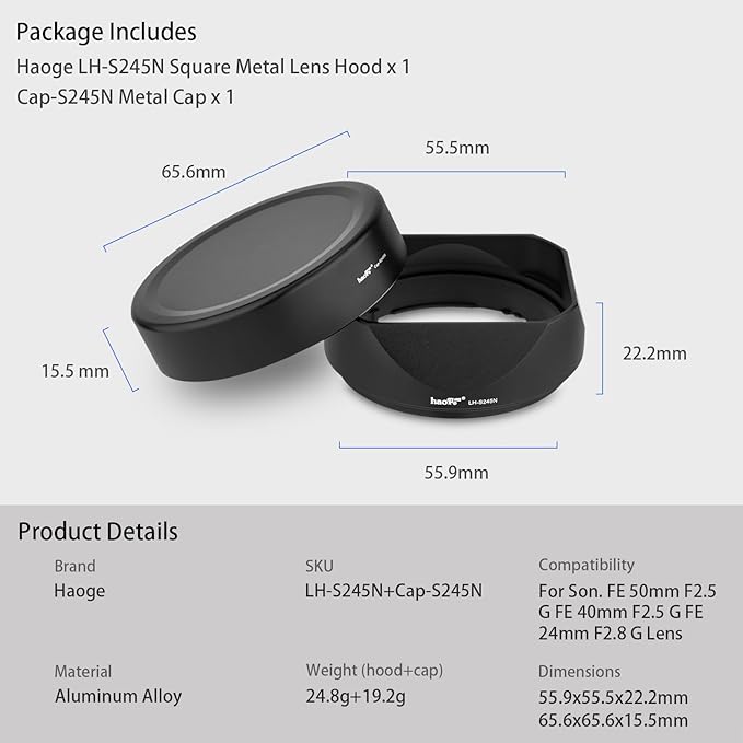 Haoge Metal Square Lens Hood for Sony RX1R3/RX1M2/RX1 FE 40mm F2.5 G FE 50mm F2.5 G 24mm F2.8 G Lens Shade on A7CII A7CR A7R5 Camera Bayonet Mount