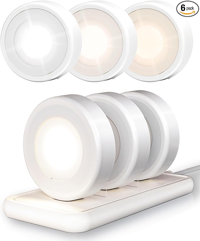EZVALO LED Puck Lights with Charging Station, Rechargeable Sitck On Tap Lights, Wireless Closet Light, 3 Color Temps, Under Cabinet Lights, 2.5'' Mini Touch Light for Kitchen,Pantry,Shelves(6 Pack)