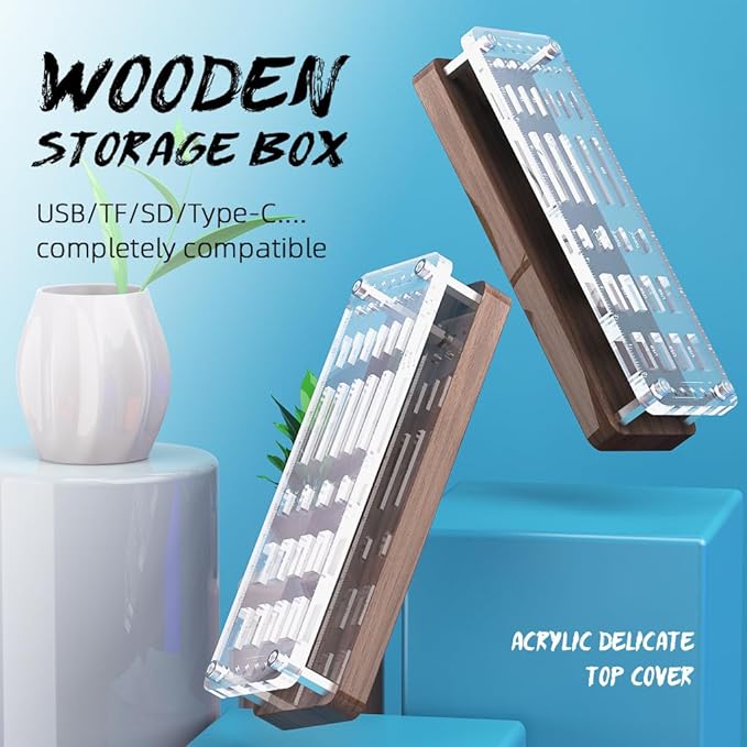 FEIFANZHE 29 Slot Wooden Memory Card Case and USB Drive Organizer with Screwdriver and SIM Card Ejector - F02MY
