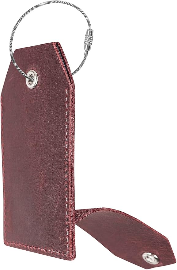 Genuine Leather Set of 2 Luggage Tag with Full Back Privacy Name ID Card Stainless Steel Loop Suitcase Labels Identifiers Baggage Tags Luggage for Women Men Travel (Wine Red)