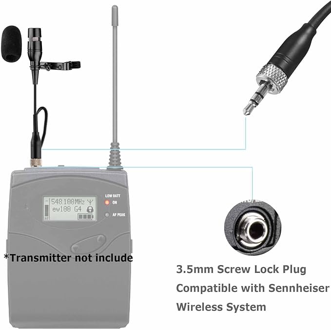 Black Lapel Lavalier Microphone Unidirectional Condenser Super Cardioid Mic Compatible with Sennheiser Wireless Bodypack Transmitter System with 3.5mm Female Screw Plug