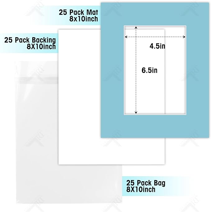 Pack of 25 sets 8x10 MIXED COLORS Picture Mats Mattes Matting for 5x7 Photo + Backing + Bags