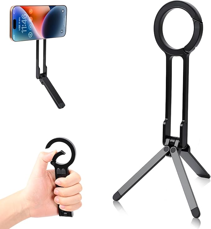 Universal Magnetic Phone Tripod, Foldable Magnetic Pocket Phone Tripod, Aluminum Alloy Mini Portable Cell Phone Stand Magnet Quick Mount, Travel Size, Suitable for Daily Vlog Shooting (Black)