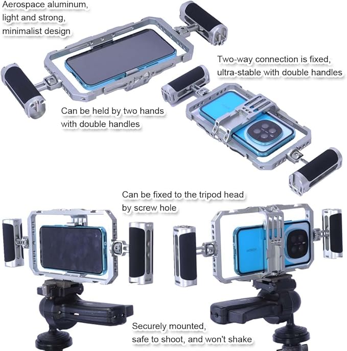 Dual Handheld Metal Stabilizer Bracket Holder for Smart Mobile Phone Shooting, Universal Fully Surrounded Photography Cage for Smart Mobile Phone, Support Vertical and Horizontal Shooting