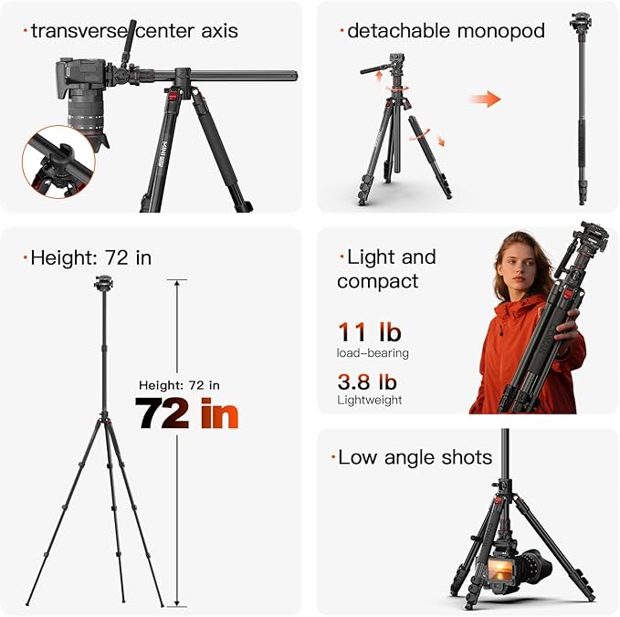 COMAN 72" Overhead Camera Tripod, Horizontal Video Tripod with Fluid Head QR Plate, Detachable Monopod, for DSLR Camera and Phone Camcorder Spotting Scope