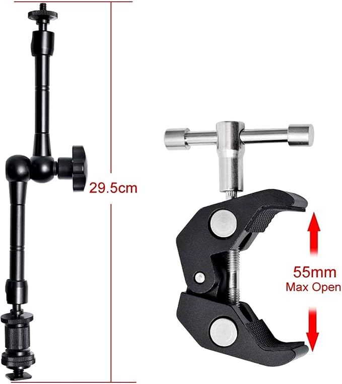 WANBY 11 Inch Articulating Friction Magic Arm & Large Adjustable Super Clamp Pliers Clip with 1/4" and 3/8" Thread for DSLR Camera Rig, LCD Monitor, LED Flash Lights (Arm & Clamp)