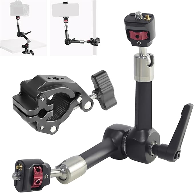 FIFIELD CNC Machined 7" Articulating Magic Arm Clamp Mount with Super Clamp, 360° Dual Ball Head & 1/4" ARRI Locating Pin&Holes, Heavy-Duty Camera Monitor Mount for Camera, Phone, LED Light, Phone,7"