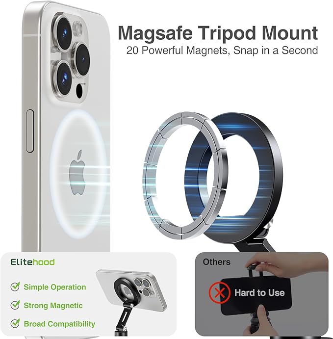 elitehood Aluminum Magnetic Camera Phone Mount with 360° Rotatable Cold Shoe Base, MagSafe iPhone Tripod Mount Adapter with 1/4” Screw & Hot Shoe, 180° Tilt Cell Phone Holder for Tripod Attachment