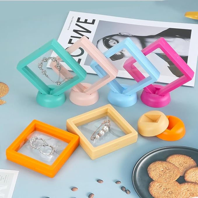 12PCS 3D Floating Frame Case with Stands, Challenge Coin Display Stand Holder, Gift Packing Frame Showcase for Earrings, Jewelry, Medallions, Specimens, 3.54x3.54 Inch (Light Pink)