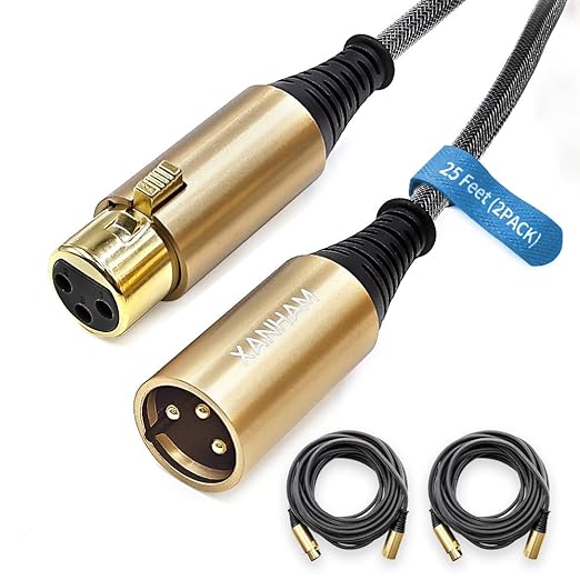 XLR Cable 25 Feet/8 Meter 2 Pack 3 Pin Microphone Female to Male Balanced Shielded Cable, Fibre Braiding with 22AWG Oxygen-Free Copper(OFC) Mic Cord for Speaker and Audio System