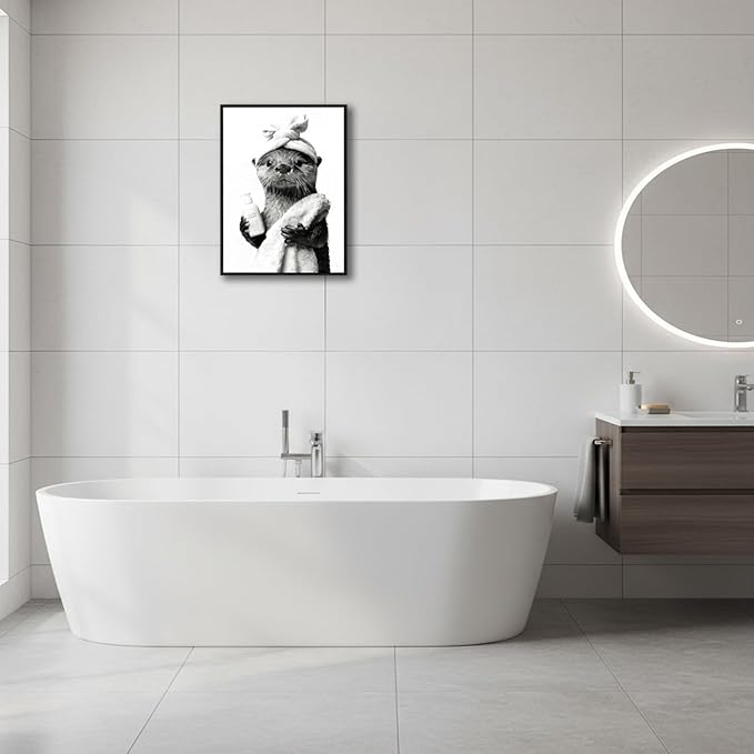 Zhfmoir Funny Otter Bathroom Wall Art, Black and White Otter Canvas Print, Cute Animal Bathroom Decor for Restroom Toilet Washroom, Ready to Hang Wall Artwork 12x16 Inch