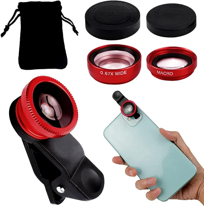 3 in 1 Phone Camera Lens Kit Camera Lens with Clip Fisheye Lens Wide Angle Lens and Macro Lens for Smartphones iPhone, Andorid (Red)