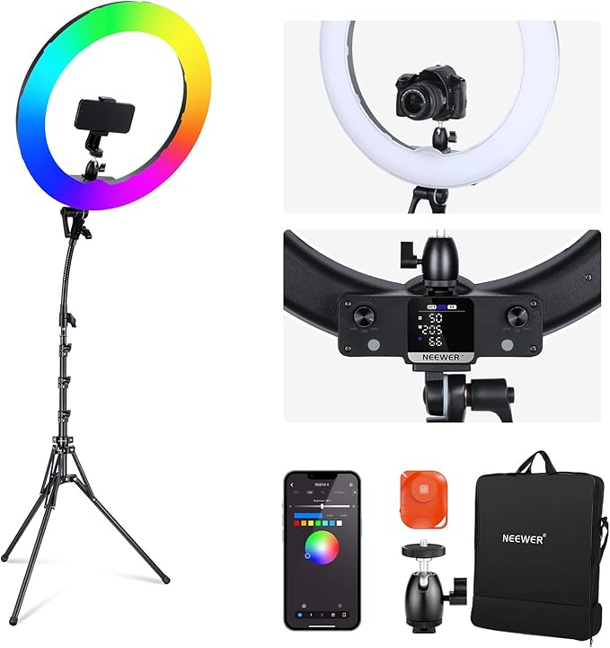 NEEWER 18 Inch RGB LED Ring Light APP Control with Tripod Stand and Phone HolderCompatible with iPhone for Selfie Makeup Lash Studio Streaming Video Recording Lighting, 42W Ringlight Dimmable,RGB18 II