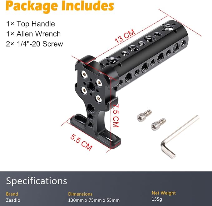 Zeadio Camera Top Handle Grip, Universal Adjustable Camera Handle with Mounting Points and Cold Shoe Mount for All Camera Cage, LED Lights, Microphones, etc
