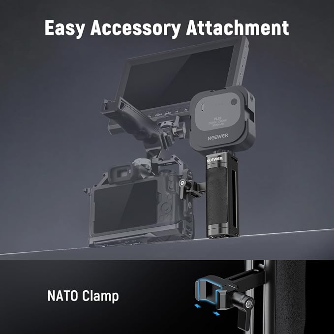 NEEWER Lightweight NATO Side Handle, Camera Cage Rig Handle with Contoured Silicone Grip, NATO Clamp, 1/4" Threads, Cold Shoe, Vertical Adjustment, Compatible with SmallRig NEEWER Cage, CA068H