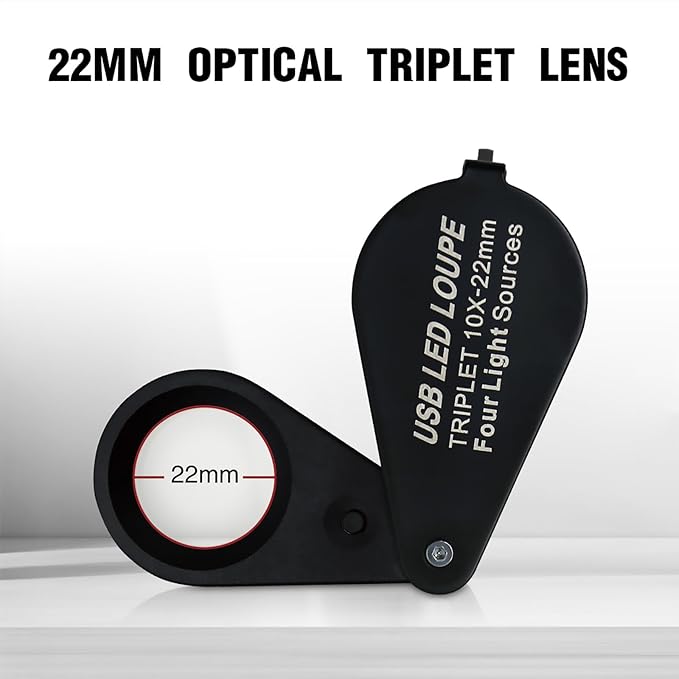 10X Rechargeable Jewelers Loupe with UV & LED Lights Four Light Modes, 22mm Triplet Lens Illuminated Folable Eye Loop Magnifier Pocket Jewelry Magnifying Glass for Jewelry, Gemstone, Coins, Stamps