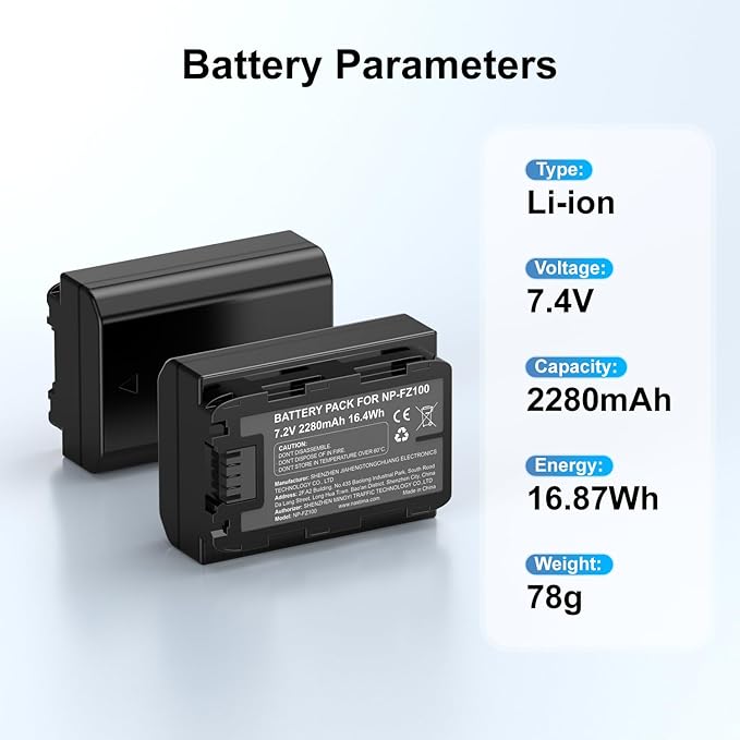 NASTIMA 2 Pack NP-FZ100 Battery with LCD Battery Charger, 2280mAh Battery Replacemnt for Sony A7iii, A7iv, A6600, A6700, A7C, FX3, FX30, A9, ZV-E1, ZV-E10ii, Alpha 9, A9S, A7R III, A7R IV, A7RV