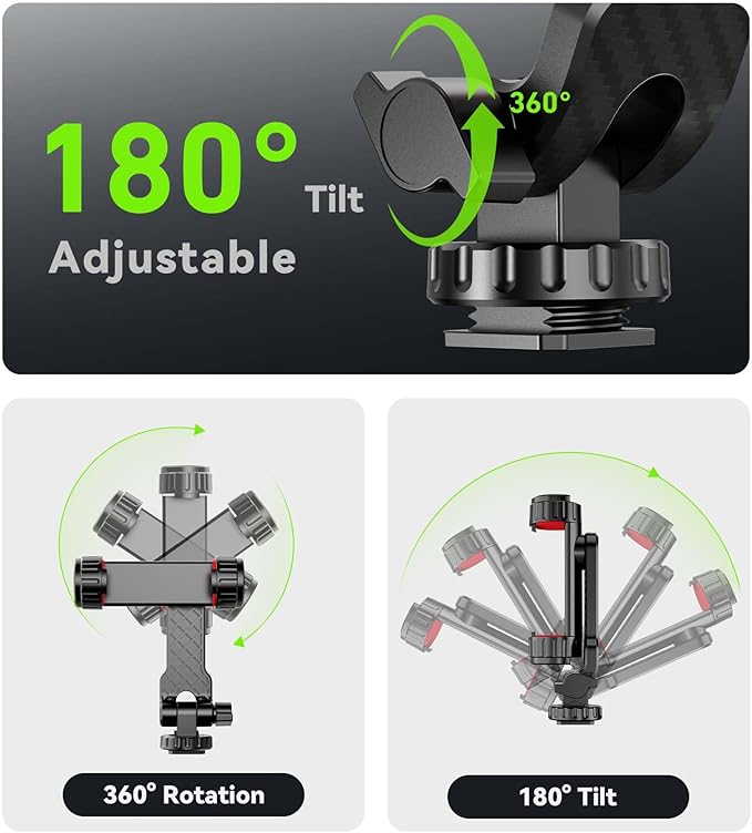 Phone Tripod Mount, Universal Smartphone Holder with 2 Cold Shoe Mount Adapter and 1/4" Standard Screw Thread, 360°Rotation & 180°Tilt Phone Clamp Compatible with iPhone & Android for Photography