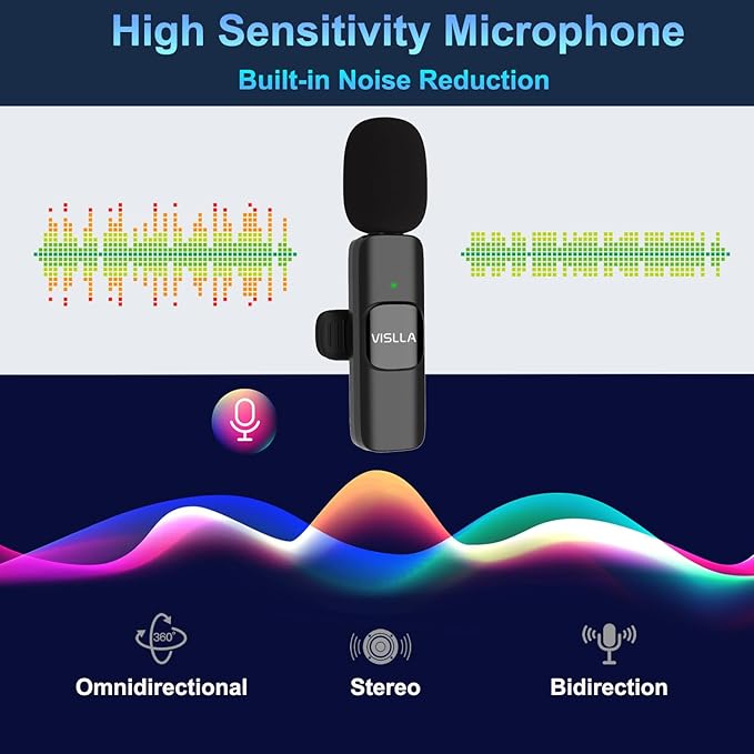 Vislla Wireless Lavalier Microphone for iPhone 15/16/17 Series, iPad and Android Devices, Noise Cancelling,Bluetooth Mini Lapel Microphone for Vlogging/YouTube/Live Streaming/Tiktok/Interview