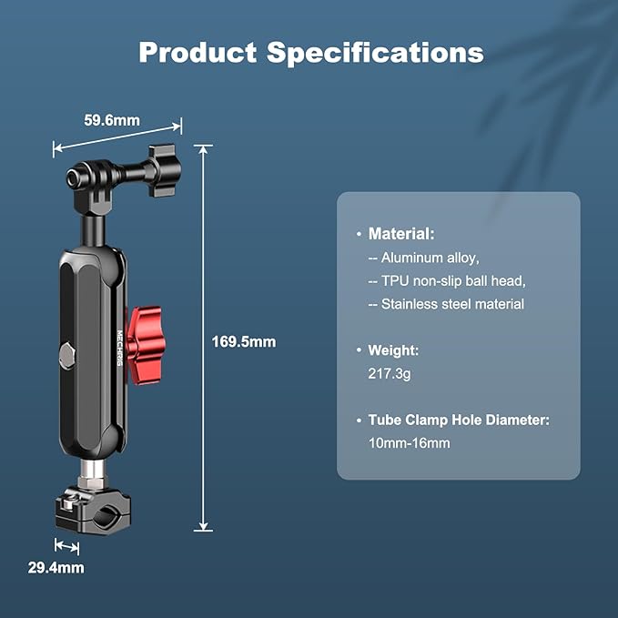 Camera Clamp Mount, Super Camera Mount Dual Ball Head Magic Arm with U-Shaped for Motorcycle Handlebar & Aluminum,Super Clamp for DSLR, Action Camera, Go pr0, Insta360,360° Rotating, 78001