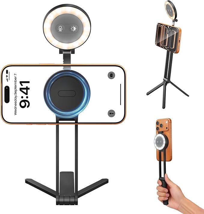 2-in-1 Magnetic Phone Tripod Magnetic Selfie Light for Magsafe Tripod Phone Mount Smartphone Stand Selfie Stick with Fill Light for iPhone Accessories