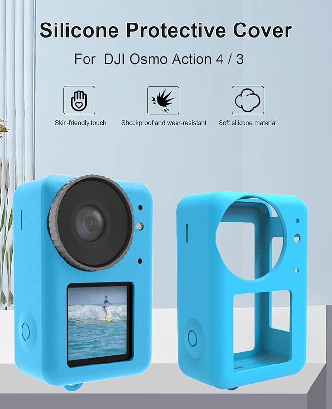 PULUZ Silicone Protective Case for DJI Osmo Action 5 Pro/4/3 with Lens Cap,Dust-Proof,Slim Durable Lightweight Rubber Soft Silicone Camera Protective Cover Accessories (Blue)