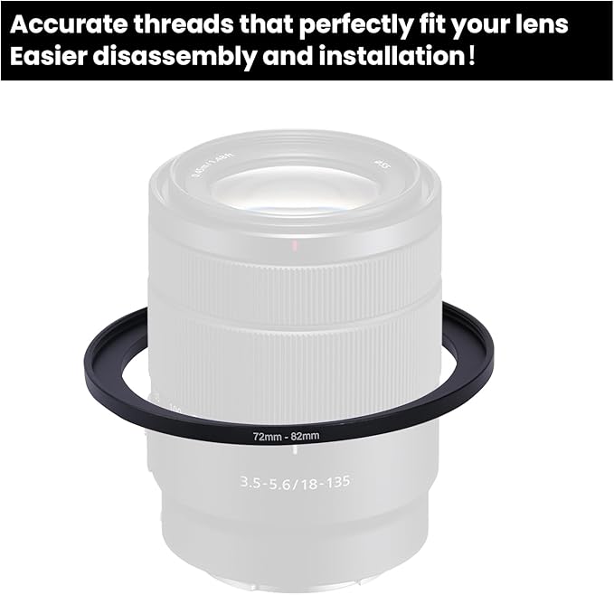 Metal Step Up Ring Filter Adapter - 72mm to 82mm - Metal Ring Step Up Rings Adapter Filter Compatible with All 82mm UV, CPL, ND, Lens Hood, Threaded Lens ect
