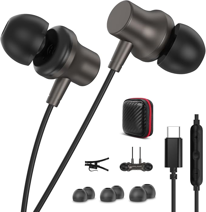 Jiunai Headphones USB C Wired Earbuds for iPhone 17 Pro Max 16 15 Mic in Ear Magnetic S M L Ear Tip Noise Isolated Volume Control Corded Type C Earphone for iPad Pro M5 Air for Galaxy S26 Gun Metal
