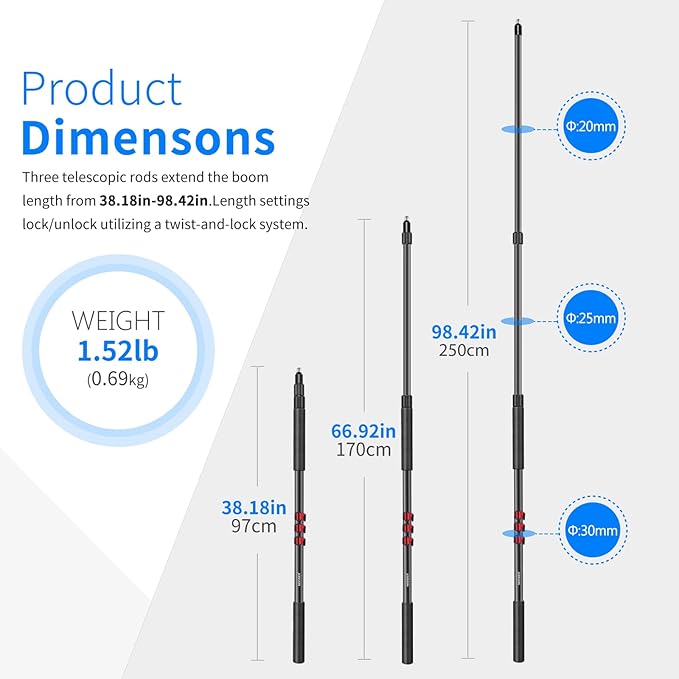 NEEWER NW-7000 Microphone Boom Arm, 3 Section Extendable Handheld Mic Arm with 3/8" & 3/8" to 5/8" Screw Adapter, 3ft to 8ft Adjustable Length,Auxiliary