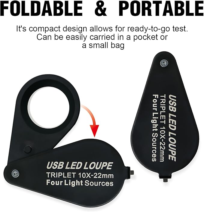10X Rechargeable Jewelers Loupe with UV & LED Lights Four Light Modes, 22mm Triplet Lens Illuminated Folable Eye Loop Magnifier Pocket Jewelry Magnifying Glass for Jewelry, Gemstone, Coins, Stamps