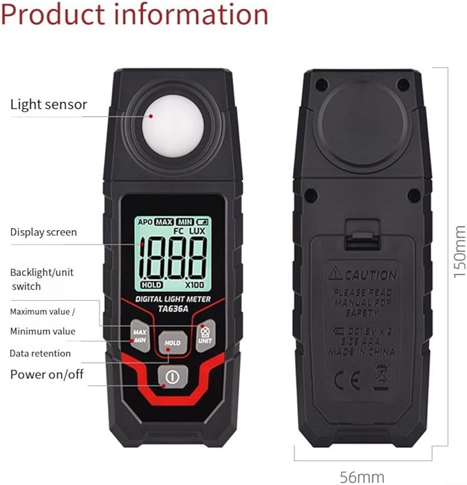 Digital Illuminance Light Meter Tester 200,000Lux Meter Luxmeter Lighting Intensity Brightness Measurement Tool for Indoor Outdoor Film Photography lumens LED Photometer