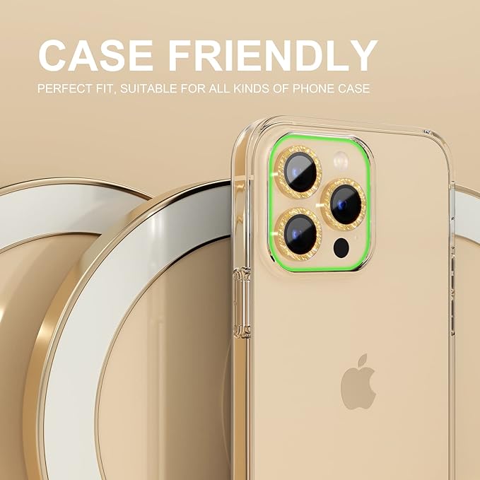 Choiche Compatible for iPhone 14 Pro/iPhone 14 Pro Max Camera Lens Protector Bling, 9H Tempered Glass Camera Cover Screen Protector Metal Ring Decoration Accessories (Glitter-Gold)