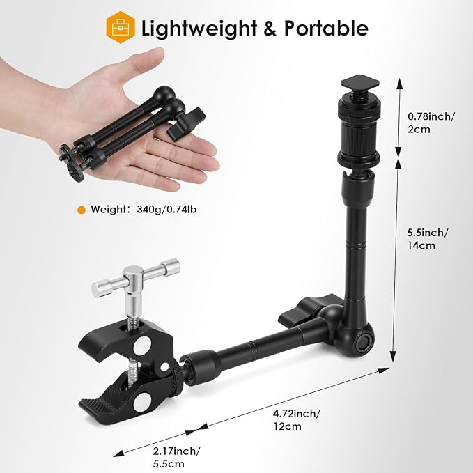 TARION Magic Arm with Super Clamp - 11in/28cm Adjustable Articulating Friction Camera Mount & Clamp with 1/4"" and 3/8"" Thread for LCD Monitor LED Light Flash Light Phone Action Cam, Black