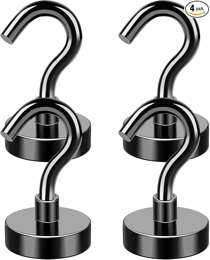 MIKEDE Magnetic Hooks, 30Lbs+ Black Heavy Duty Earth Magnets with Hook for Refrigerator, Strong Neodymium Magnetic Cruise Hooks for Hanging, Curtain, Grill and Kitchen - Pack of 4