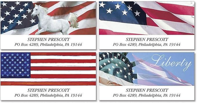 Colorful Images Patriotic Tribute Return Address Mailing Labels, Personalized in The USA with Names & Addresses, Set of 144 Self Adhesive, Easy Peel Flat Label Sheets, 1⅛” x 2¼”, 4 Designs