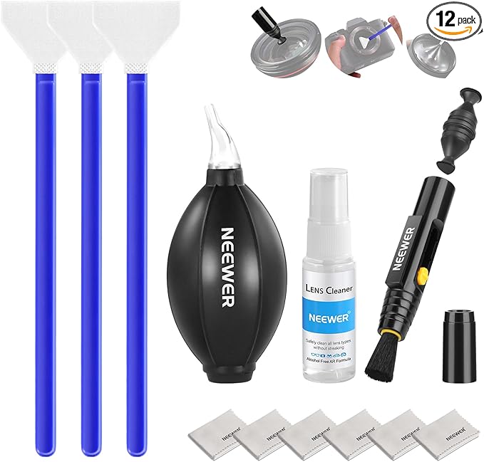 NEEWER 12 in 1 Camera Lens Cleaning Kit for Electronics, Phones, Tablets, 1x Lens Brush Pen + 1x Air Blower + 1x Cleaner Spray + 3X 24mm Full Frame Sensor Swab + 6X Cleaning Cloth, HM-49