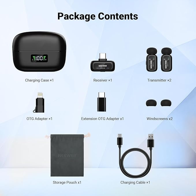 NEEWER KM19 Lightweight Wireless Lapel Microphone, 48kHz/24bit 30H Battery 3-Level Noise Cancelling Mute Stereo 100m Range Mini Lav Mic with App Control, Compatible with iPhone Android Phone PC